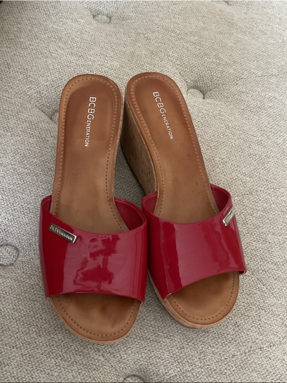 BCBGeneration Red Patent Slide Wedge Sandals with Cork Heel size 8 M